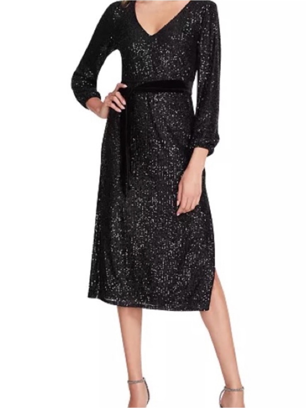 Betsey Johnson Black Sequin V-Neck Midi Cocktail Dress SZ. XS